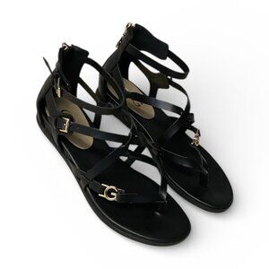 GUESS Black Gladiator Sandals Gold G Logo Strappy Ankle – Size 6